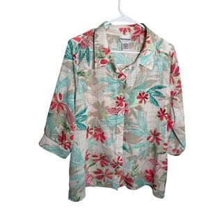 Bonworth Blouse Women's Petite Medium Floral Button Up Collared Short Sleeve